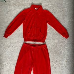 Y2K Red Velour Tracksuit Set 2 Piece Matching Zip Up & Sweatpants